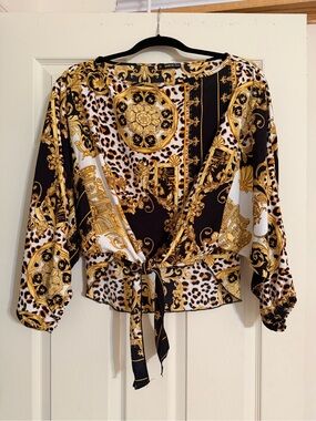 SHEIN Black White & Gold Baroque-Print Tie-Front Wrap Blouse